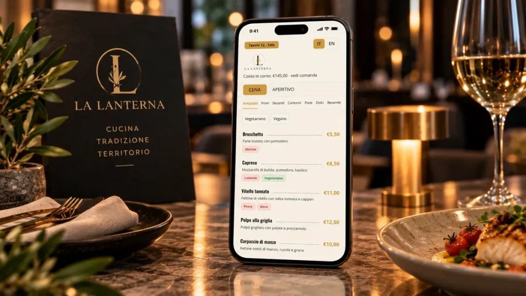 Menu digitale da QR code su smartphone al tavolo, ambiente demo La Lanterna