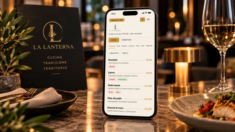 Menu digitale da QR code su smartphone al tavolo, ambiente demo La Lanterna