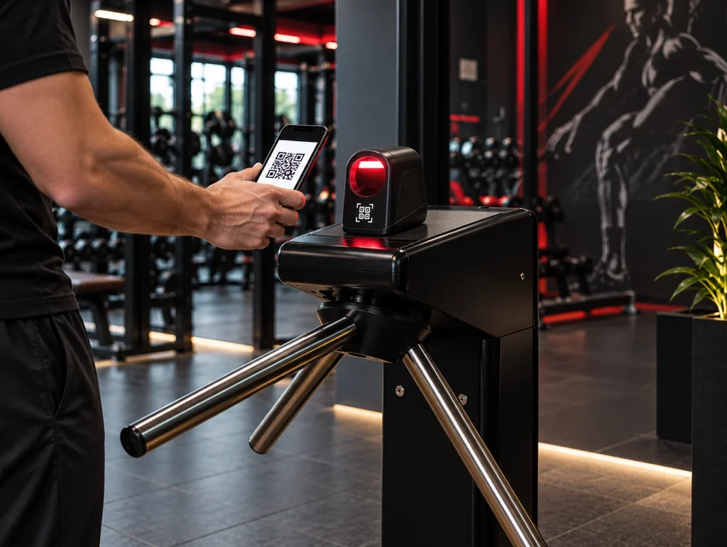 Utente scansiona il QR code dallo smartphone per aprire il tornello della palestra